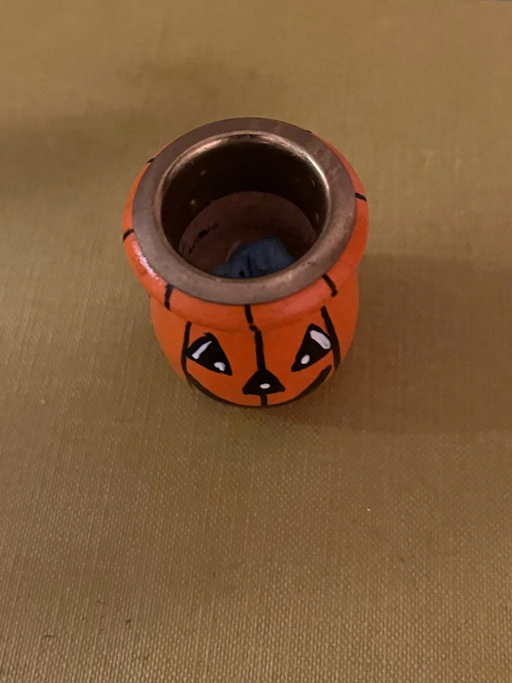 Orange Pumpkin Ceramic Candle Holder with Jack-O'-Lantern Face